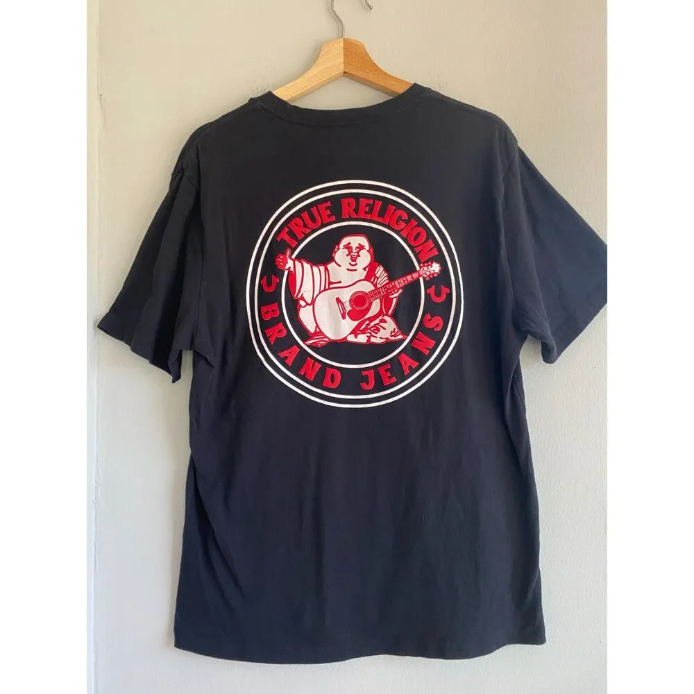 Large Classic True Religion Black Tee Graphic logo Buddha Guitar